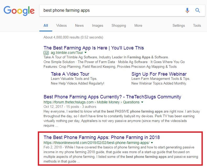 Another first page ranking on Google for phone farming