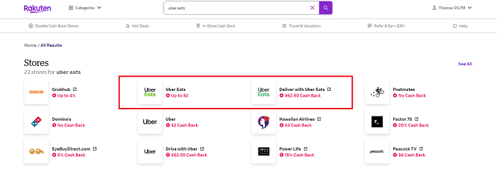 rakuten uber eats cash back